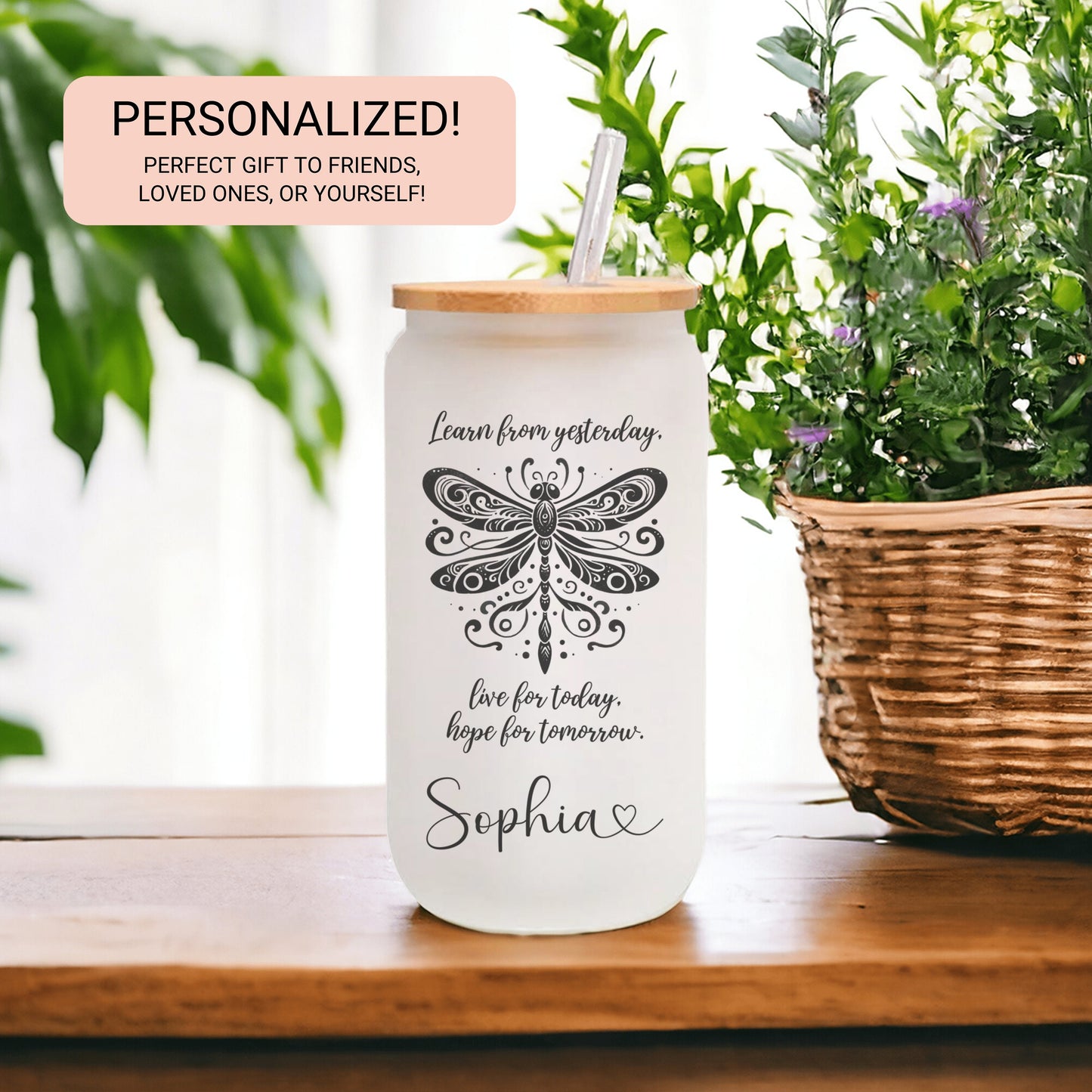 Personalized Dragonfly Glass Cup - Custom Frosted Coffee Mug with Quote