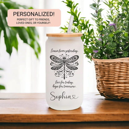 Personalized Dragonfly Glass Cup - Custom Frosted Coffee Mug with Quote