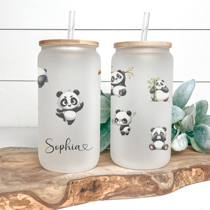 Personalized Frosted Panda Glass Cup - Custom Iced Coffee Tumbler for Panda Lovers
