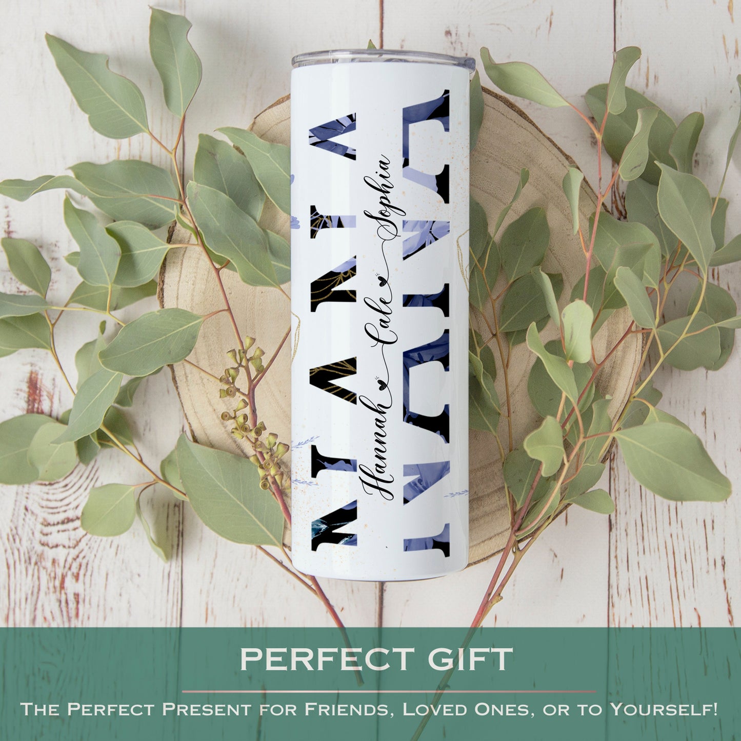 Personalized Nana Tumbler - Custom Floral Travel Cup with Grandkids' Names