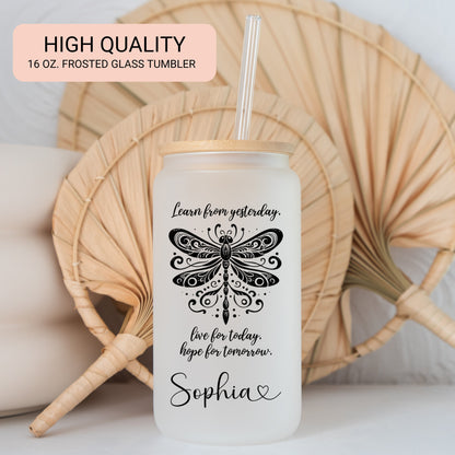 Personalized Dragonfly Glass Cup - Custom Frosted Coffee Mug with Quote