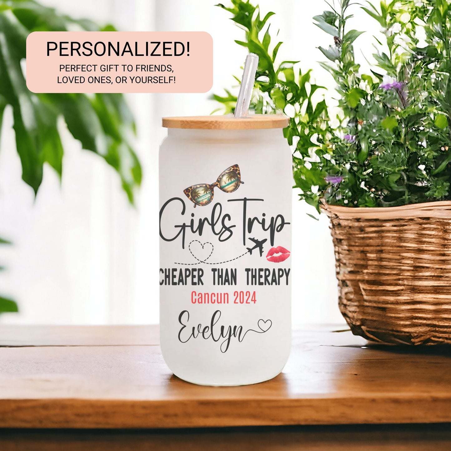 Personalized Girls Trip Frosted Glass Tumbler - Custom Iced Coffee Cup for Travel Memories