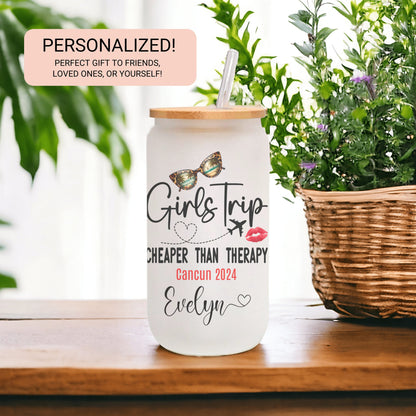 Personalized Girls Trip Frosted Glass Tumbler - Custom Iced Coffee Cup for Travel Memories