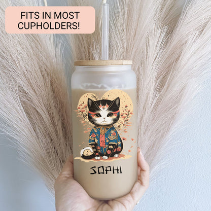 Personalized Japanese Cat Glass Tumbler - Custom Iced Coffee Gift for Cat Lovers