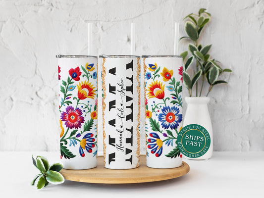 Custom Mama Tumbler - Personalized Gift with Kids' Names and Mexican Embroidery Design