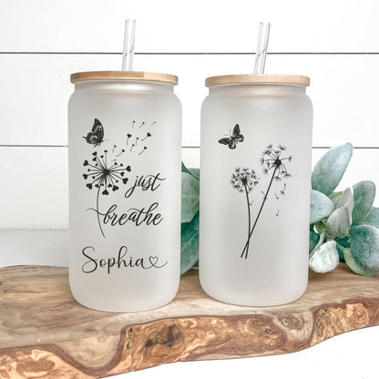 Personalized Just Breathe Frosted Glass Cup - Custom Engraved Gift Can