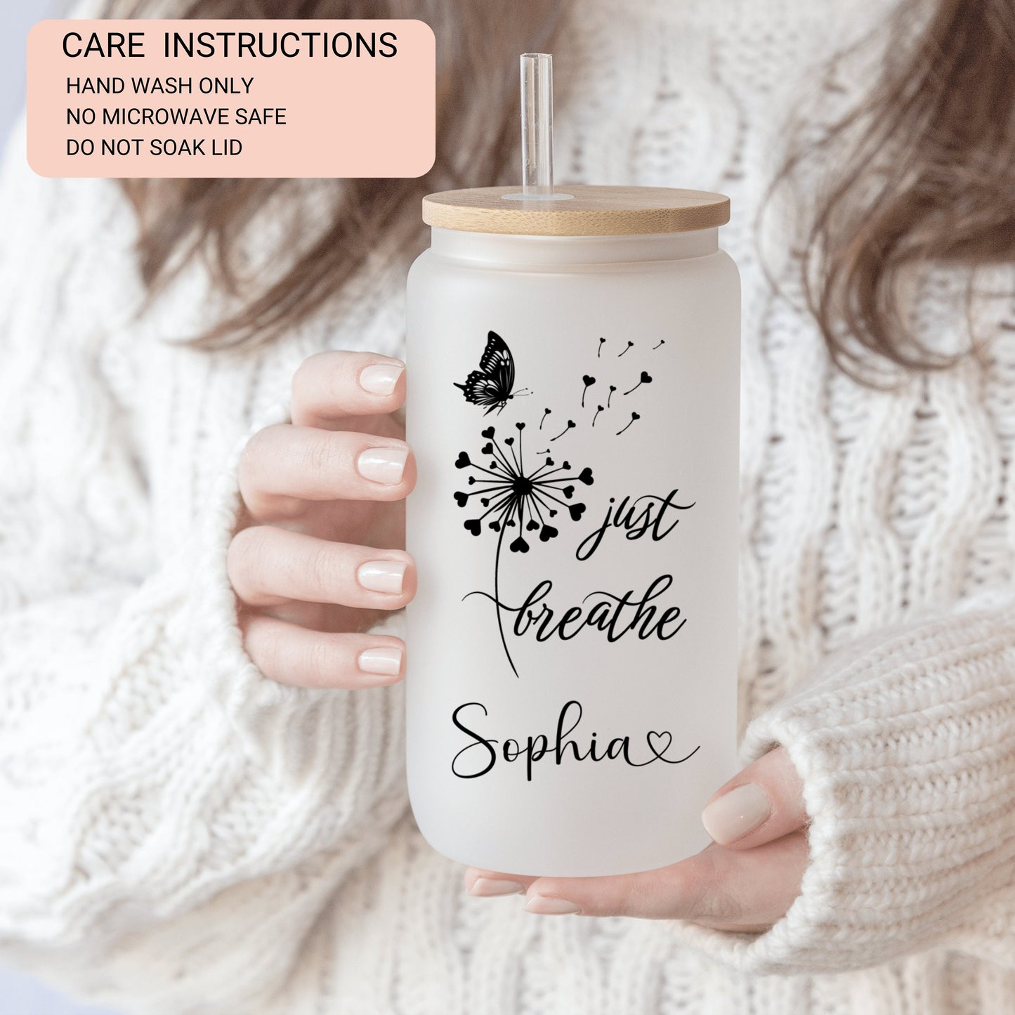 Personalized Just Breathe Frosted Glass Cup - Custom Engraved Gift Can