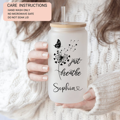 Personalized Just Breathe Frosted Glass Cup - Custom Engraved Gift Can