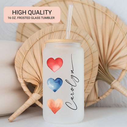 Personalized Watercolor Heart Tumbler - Frosted Glass Gift for Coffee Lovers