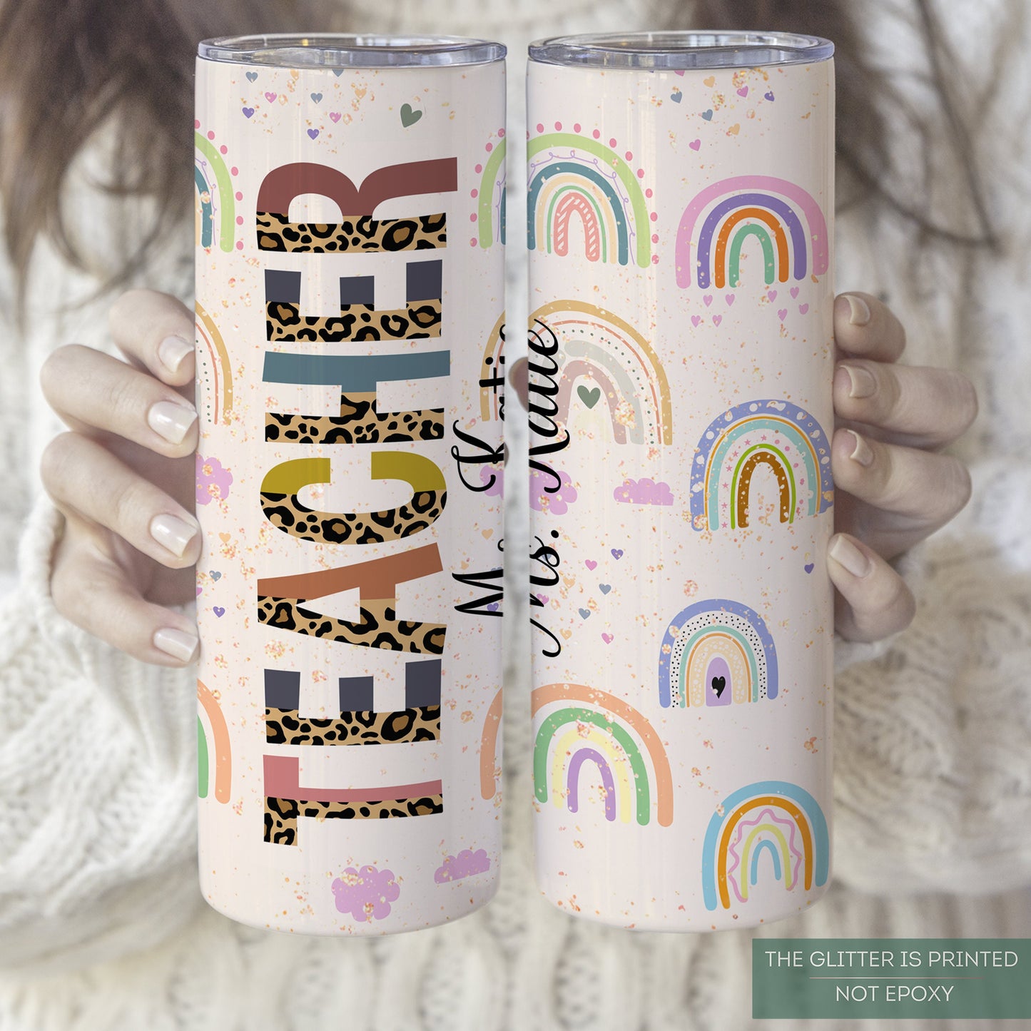 Custom Rainbow Teacher Tumbler - Personalized Travel Cup Gift for Educators