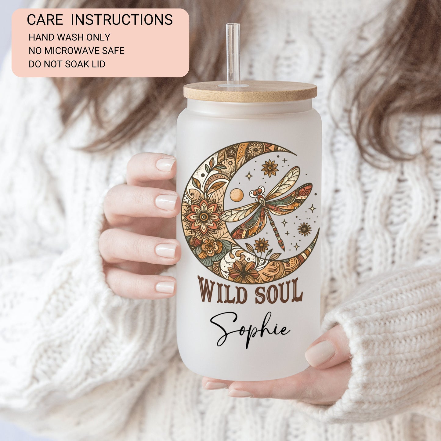Personalized Dragonfly Glass Cup - Custom Positive Quote Frosted Design