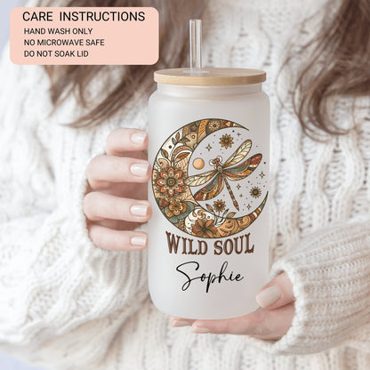Personalized Dragonfly Glass Cup - Custom Positive Quote Frosted Design