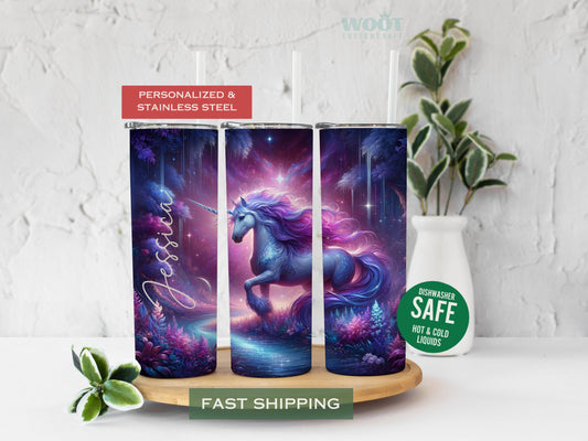 Three tumblers are showing all sides of a custom unicorn tumbler. There is an unicorn in the forest and a personalized name.