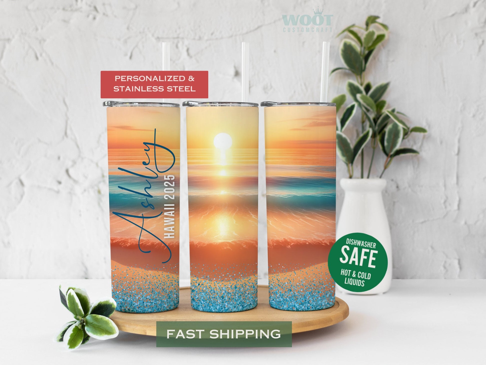 Three tumblers display various sides of a personalized sunset beach vacation tumbler. There is a beach with waves on the sand, glitter, and details such as the name and year of the visited beach.
