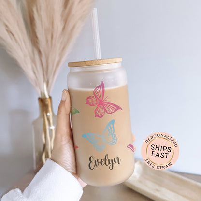 Personalized Butterfly Frosted Glass Cup - Custom Iced Coffee Tumbler for Butterfly Lovers