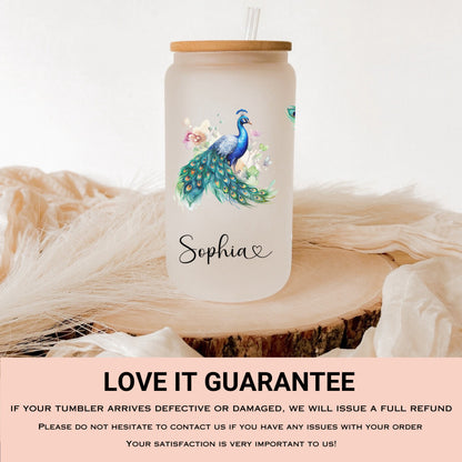 Personalized Peacock Frosted Glass Cup - Custom Iced Coffee Cup Gift Idea