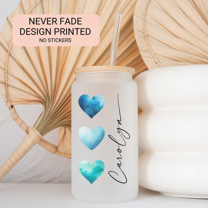 Personalized Blue Heart Glass Cup - Custom Frosted Tumbler for Iced Coffee Lovers