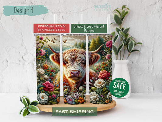 3 tumblers show all sides of a personalized Embroidery Highland Cow Tumbler.