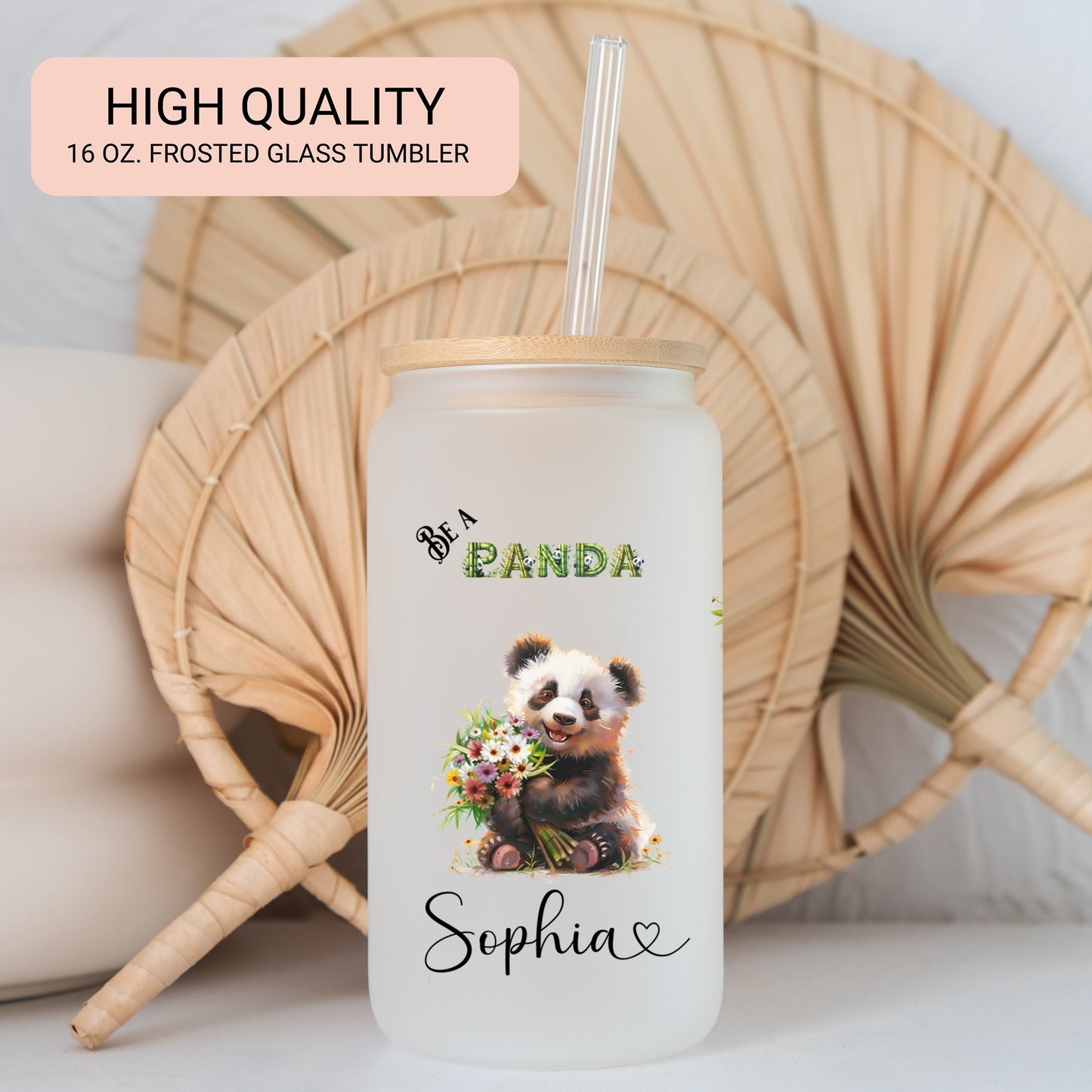 Personalized Panda Glass Cup - Custom Frosted Tumbler for Coffee Lovers