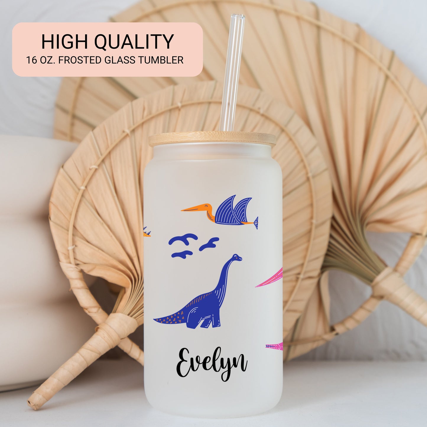 Personalized Dinosaur Frosted Glass Tumbler - Unique Iced Coffee Gift