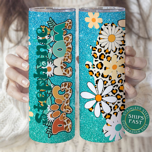 Personalized Dog Mom Tumbler - Retro Flower Design with Glitter