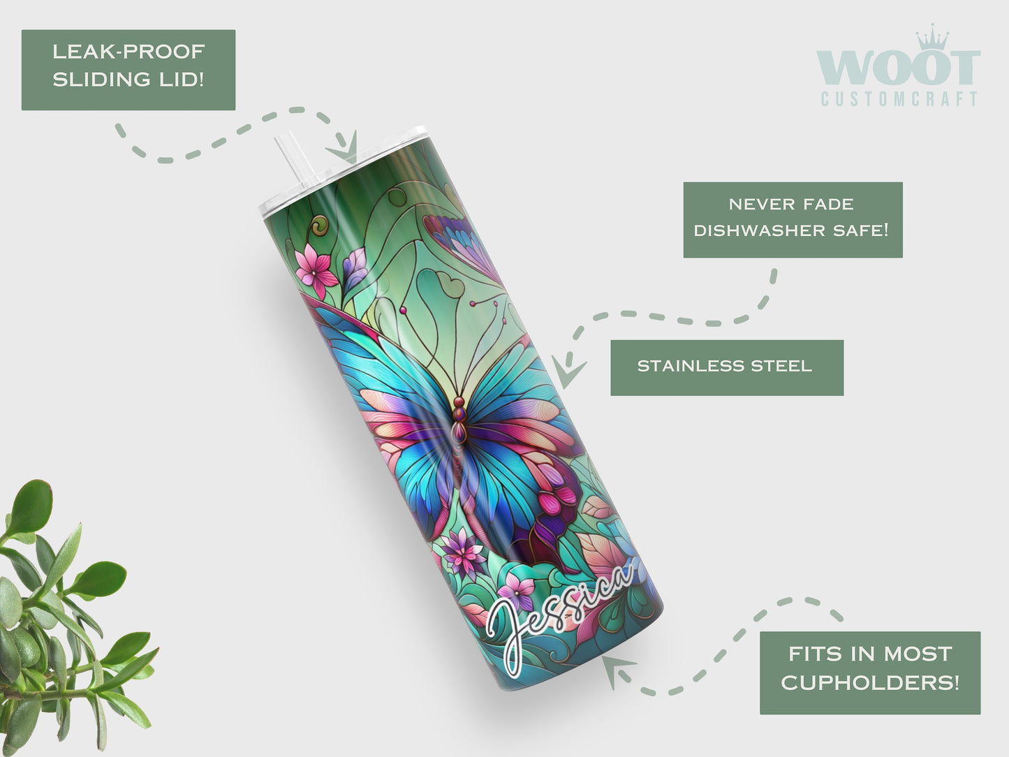 Personalized Stained Glass Butterfly Tumbler - Floral Gift for Butterfly Lovers and Women