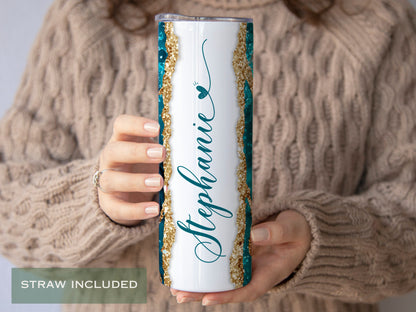 Personalized Teal Agate Tumbler - Custom Name Gift for Her or Mom