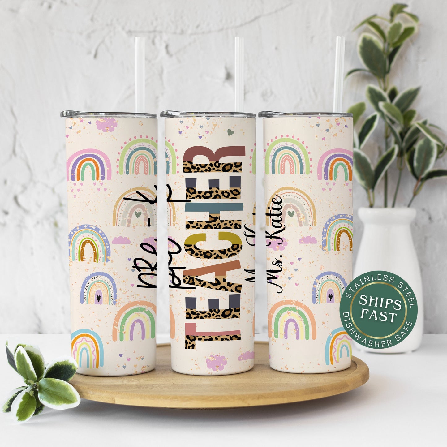 Personalized Prek Teacher Travel Cup Rainbow