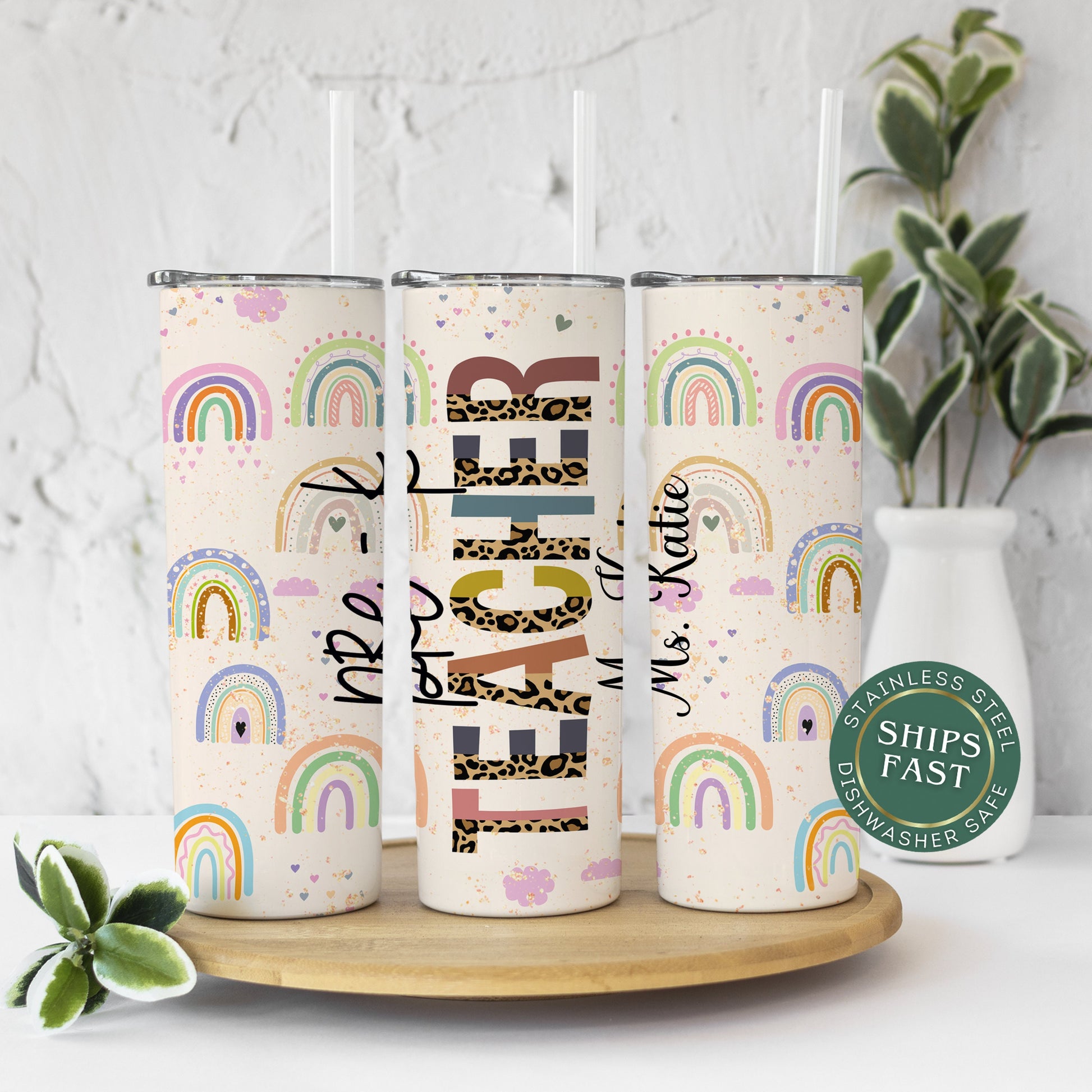 Personalized Prek Teacher Travel Cup Rainbow