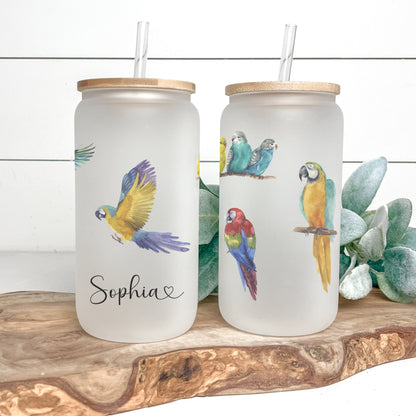 Personalized Parrot Glass Tumbler - Custom Frosted Cup for Coffee Lovers