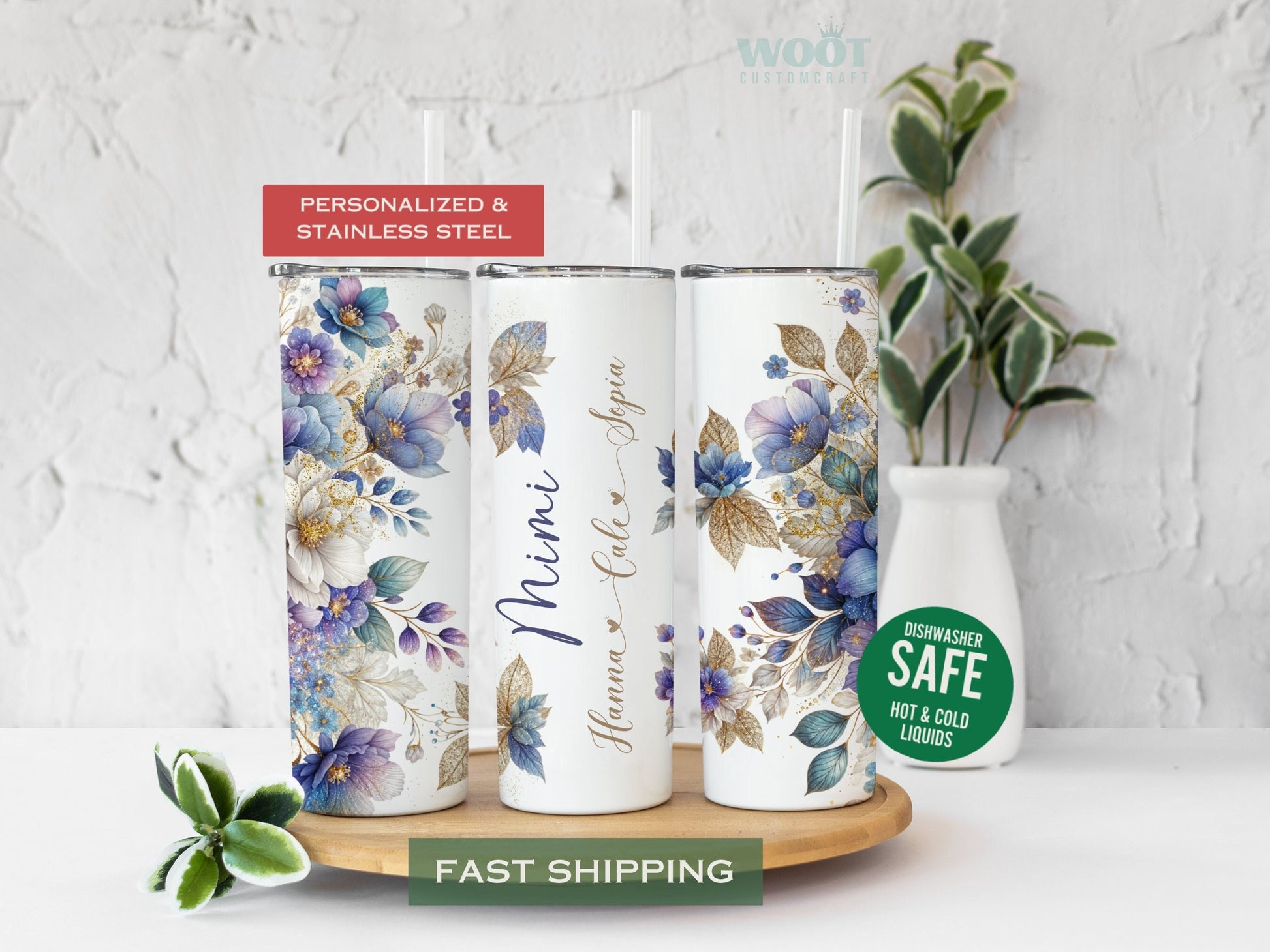 Three tumblers show all sides of a Gigi Tumbler Personalized. Lillian and Guld’s flowers, glitter, and three grandkids’ names are there.