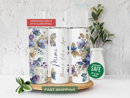 Three tumblers show all sides of a Gigi Tumbler Personalized. Lillian and Guld’s flowers, glitter, and three grandkids’ names are there.
