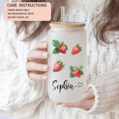 Personalized Strawberry Frosted Glass Tumbler - Custom Iced Coffee Cup for Fruit Lovers