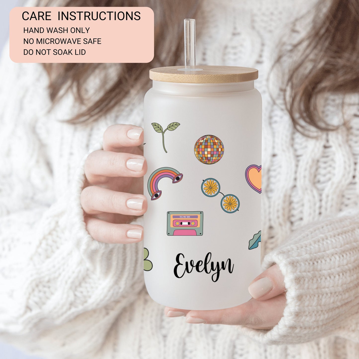 Personalized Retro Flower Glass Cup - Custom Frosted Iced Coffee Tumbler