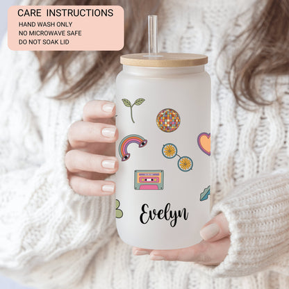 Personalized Retro Flower Glass Cup - Custom Frosted Iced Coffee Tumbler
