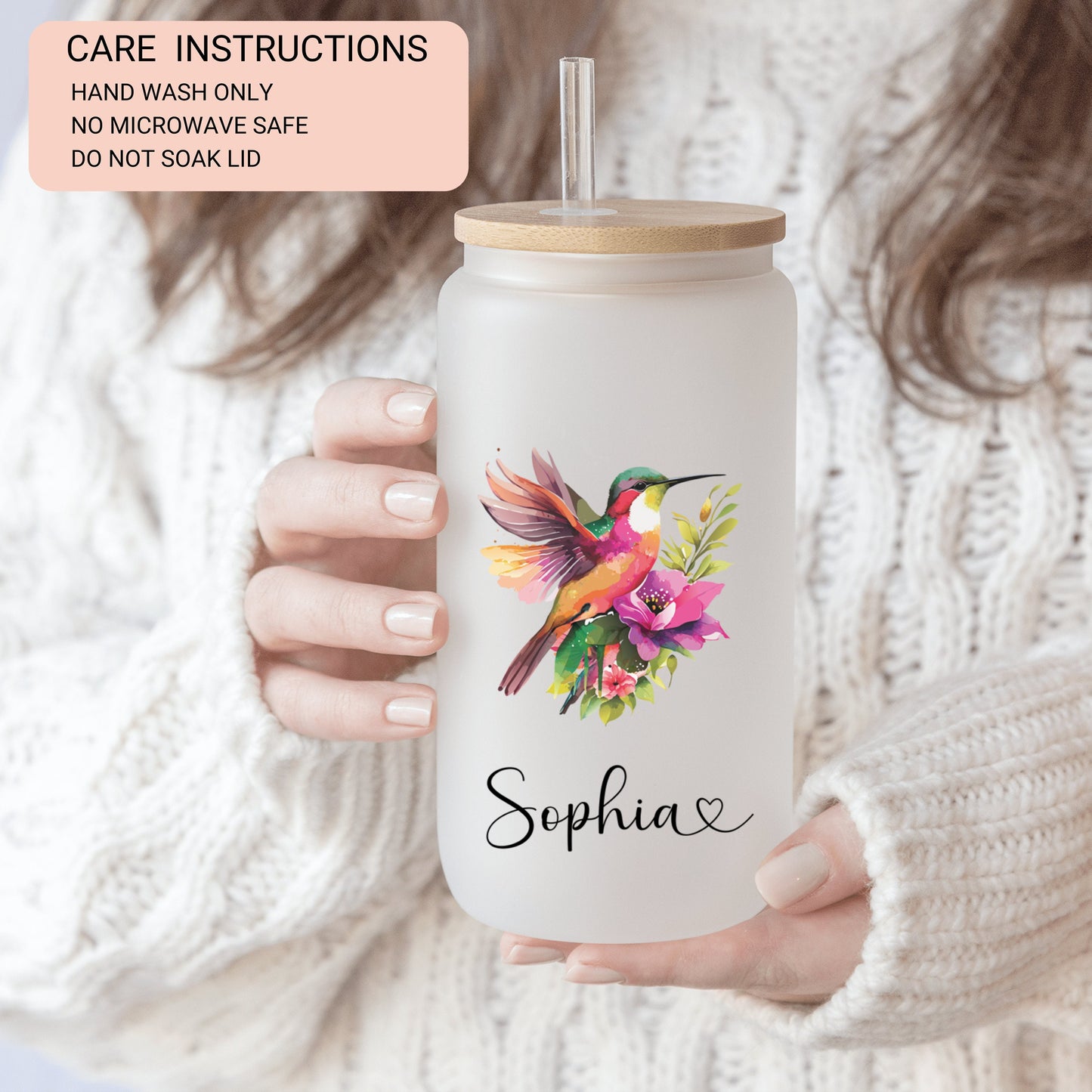 Gift Idea Mom Cup Hummingbird Frosted Glass Cup Custom For Her