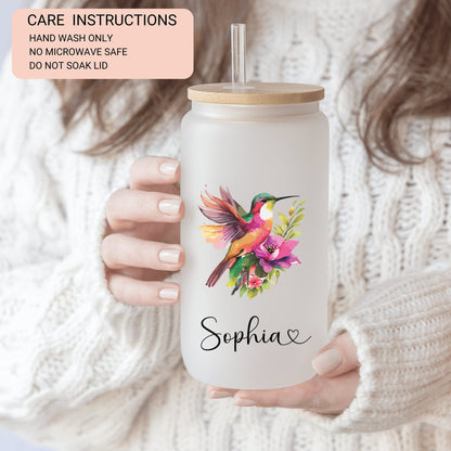 Gift Idea Mom Cup Hummingbird Frosted Glass Cup Custom For Her