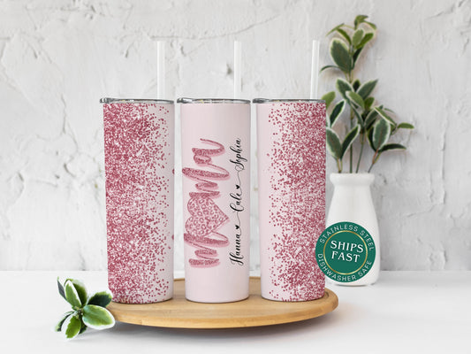 Personalized Mom Glitter Tumbler - Custom Rose Gold Gift with Kids' Names for Mothers Day
