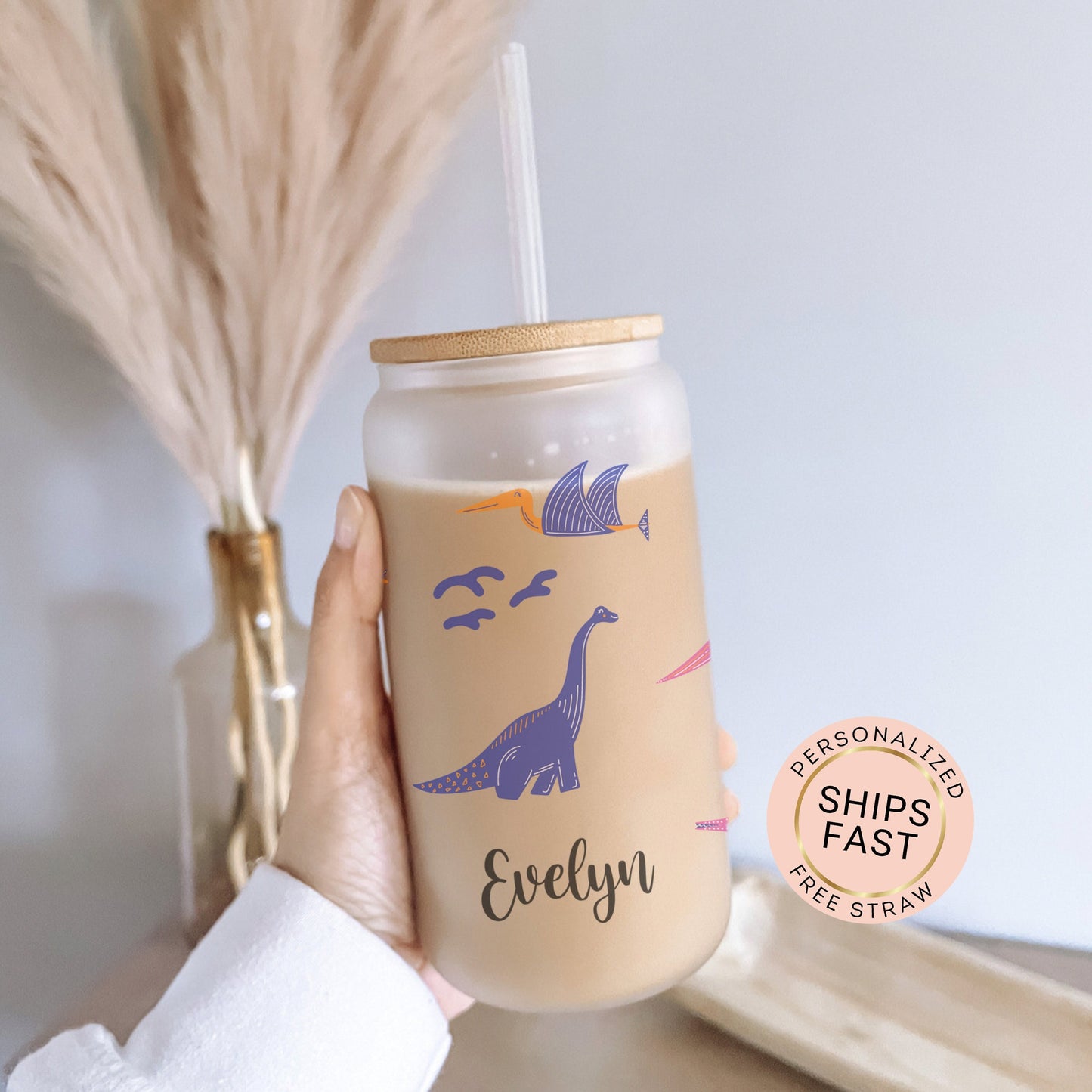 Personalized Dinosaur Frosted Glass Tumbler - Unique Iced Coffee Gift