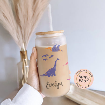 Personalized Dinosaur Frosted Glass Tumbler - Unique Iced Coffee Gift