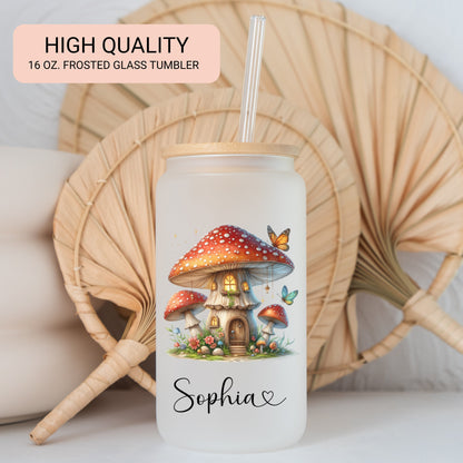 Personalized Mushroom Frosted Glass Cup - Custom Iced Coffee Tumbler