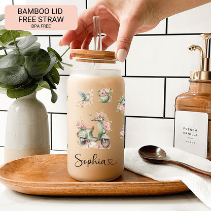 Personalized Romantic Frosted Glass Tumbler - Custom Floral Iced Coffee Cup