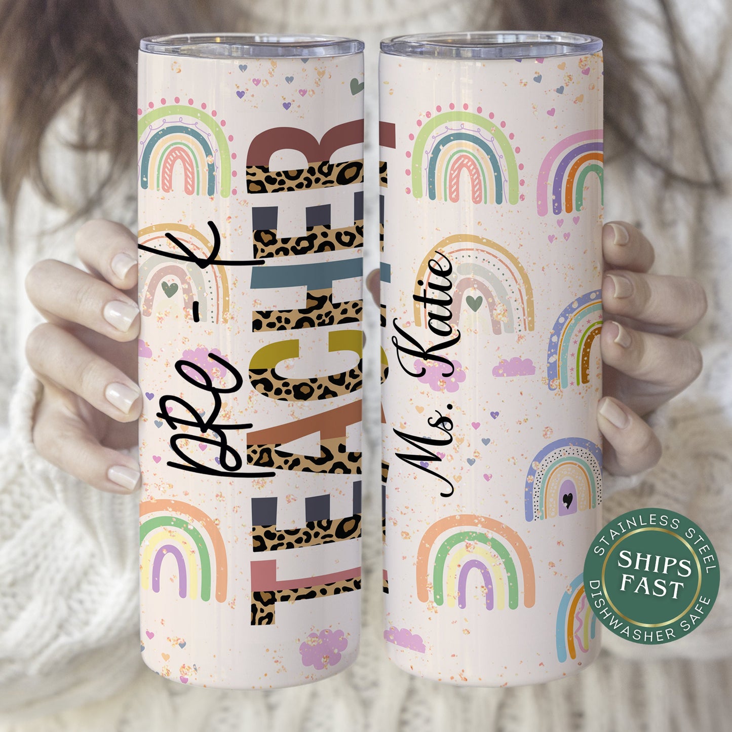Pre-k Teacher Tumbler Personalized Cheetah Rainbow
