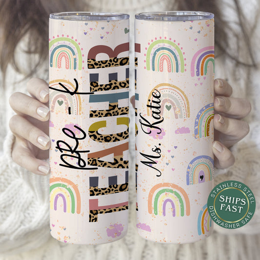 Pre-k Teacher Tumbler Personalized Cheetah Rainbow