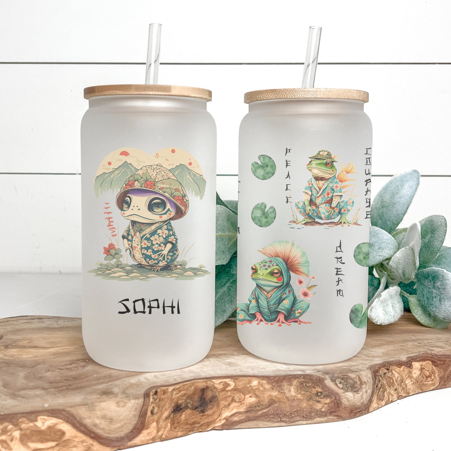 Personalized Japanese Frog Glass Cup - Unique Custom Iced Coffee Gift