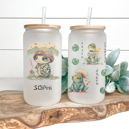 Personalized Japanese Frog Glass Cup - Unique Custom Iced Coffee Gift