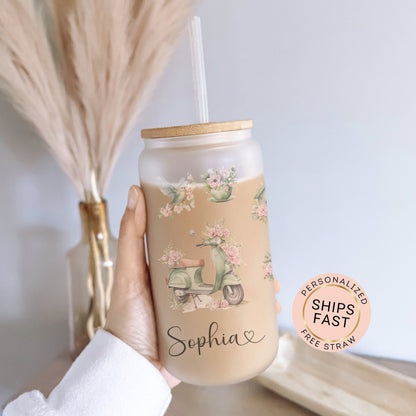 Personalized Romantic Frosted Glass Tumbler - Custom Floral Iced Coffee Cup
