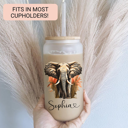 Personalized Elephant Glass Cup - Custom Frosted Iced Coffee Tumbler Gift for Her