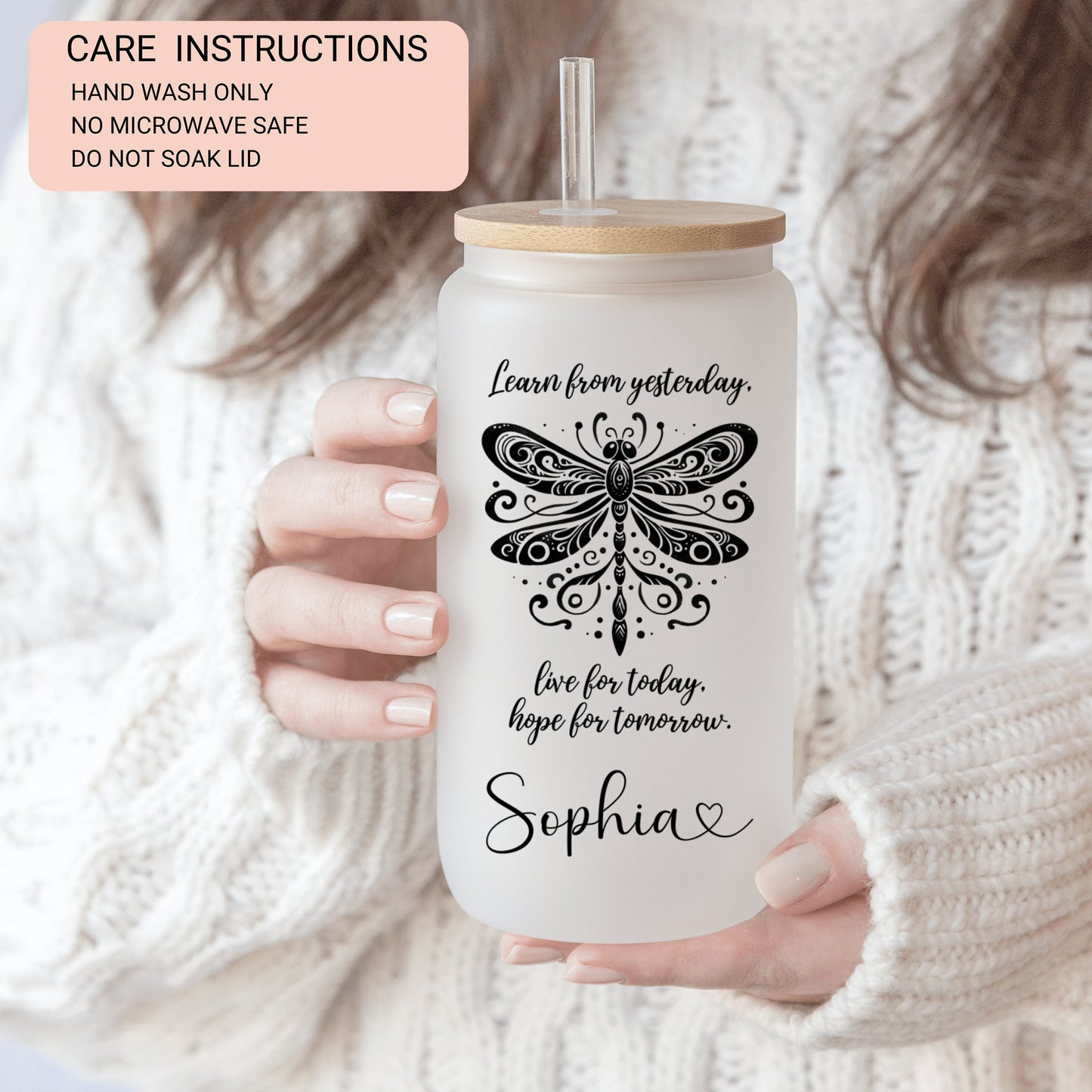 Personalized Dragonfly Glass Cup - Custom Frosted Coffee Mug with Quote