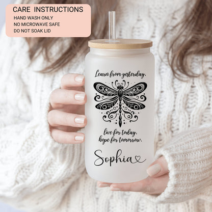 Personalized Dragonfly Glass Cup - Custom Frosted Coffee Mug with Quote